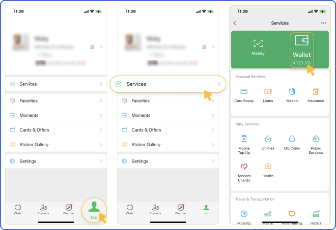 WeChat Pay · 2 · WeChat: افتح Me → Services → Wallet → Cards → Add a Card. إن لم تظهر، فعّل Weixin Pay وفق تعليمات التطبيق؛ بعض الإصدارات توفر Me → Settings → General → Tools → Weixin Pay.